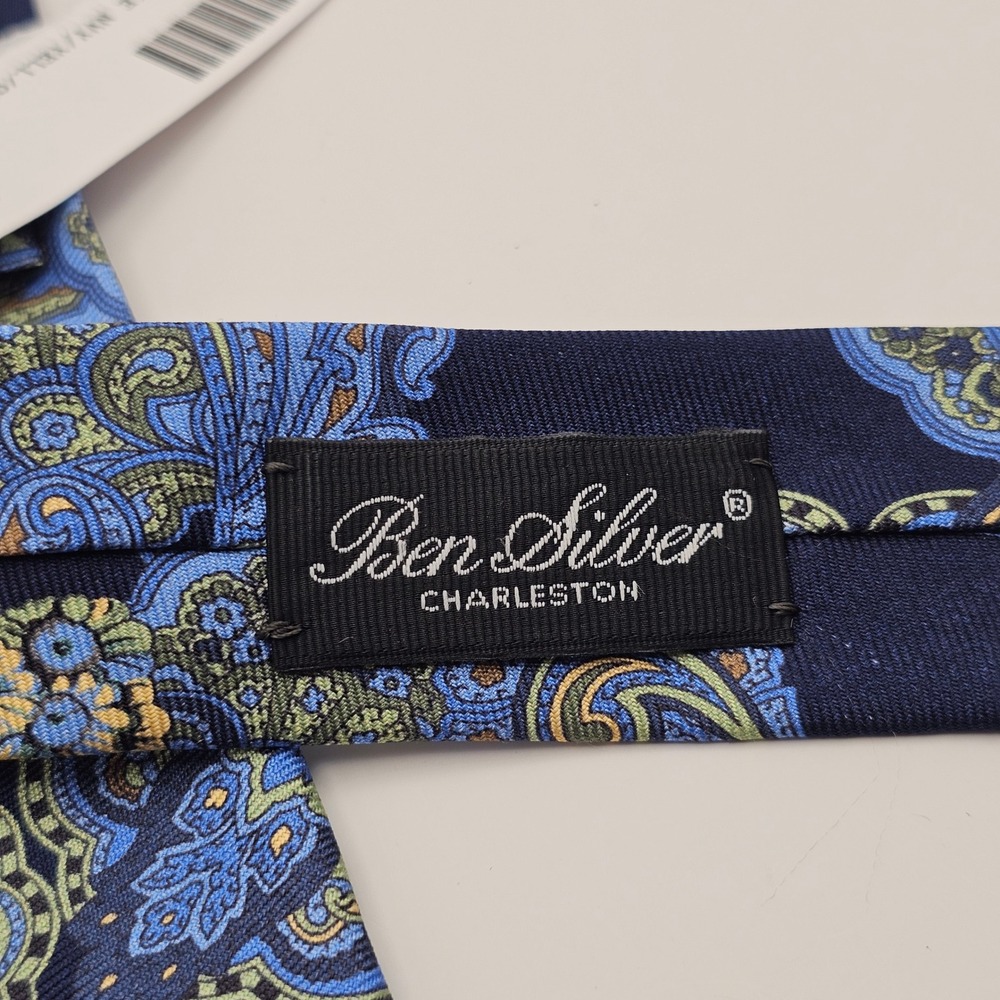 Ben Silver Silk Tie Navy Yellow Floral Paisley Academia Preppy Luxury Business - Picture 5 of 10